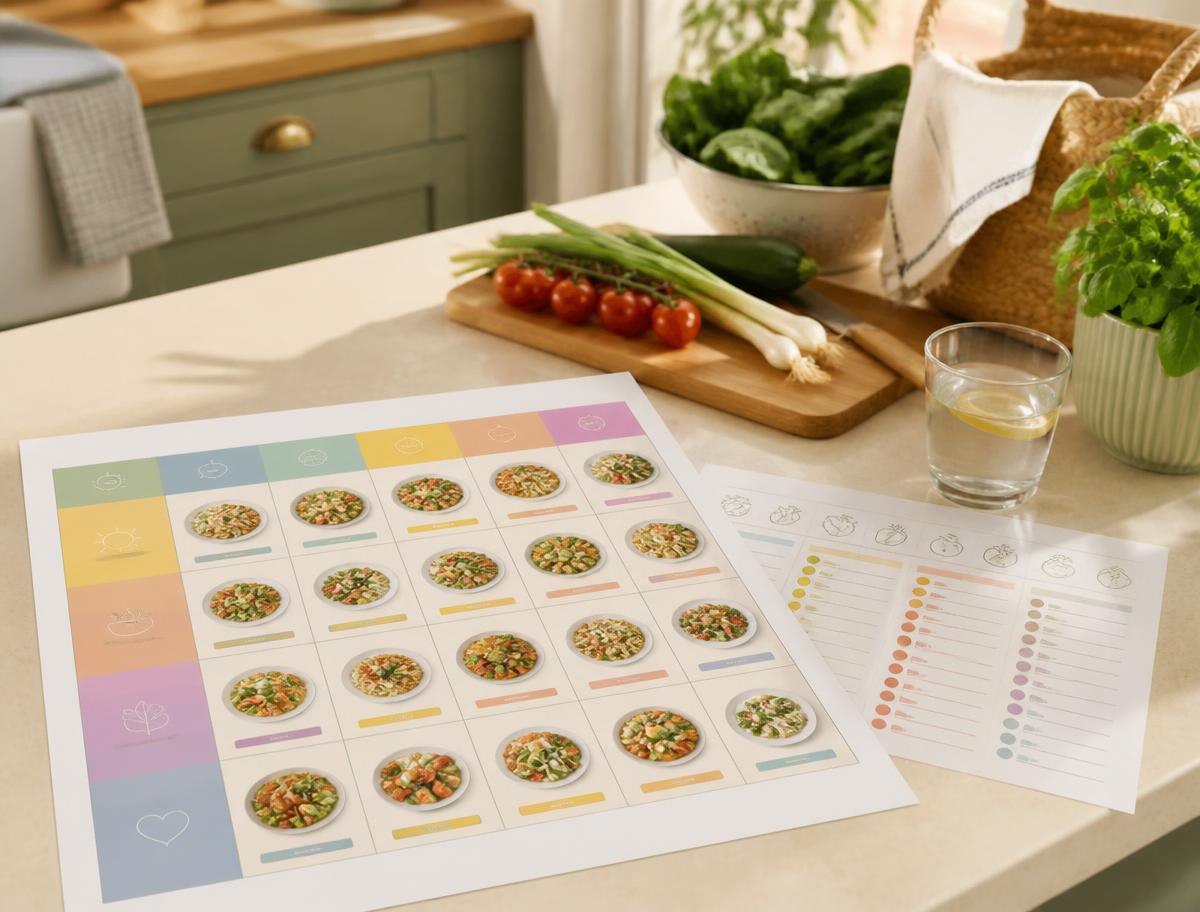 A printed A3 meal-plan poster and shopping list on a kitchen counter with fresh vegetables