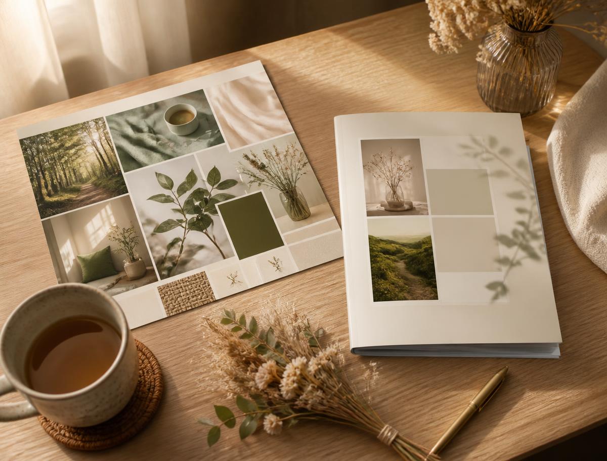 A beautifully printed personalised mood board and reinvention pack laid out on a wooden table