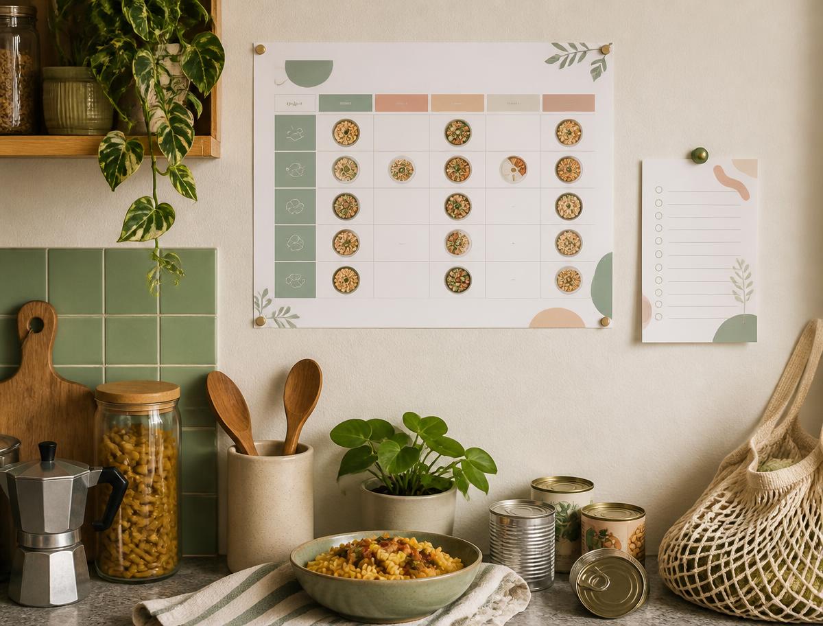 A printed budget meal-plan poster pinned above a small student kitchen counter
