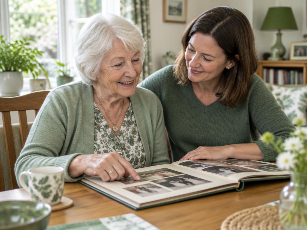 An older woman and her daughter enjoying a family photo album together
