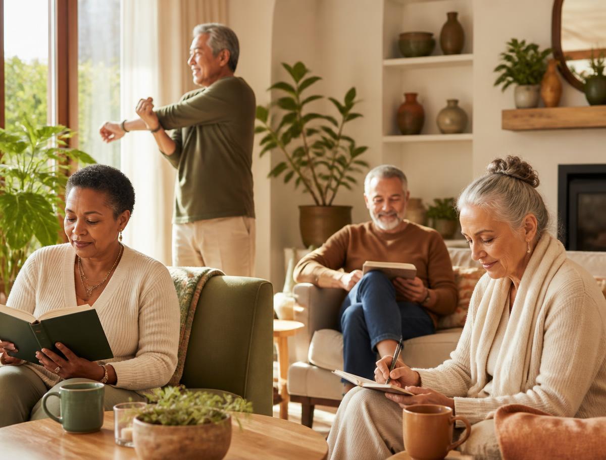 A small group of adults in their fifties and sixties relaxing, reading and journaling in a sunlit living room