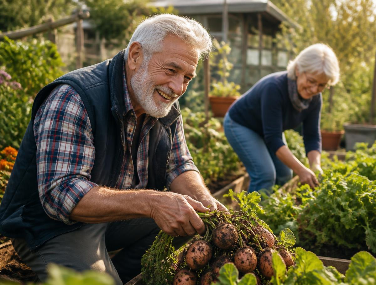 An older couple tending a vibrant allotment garden in warm sunshine