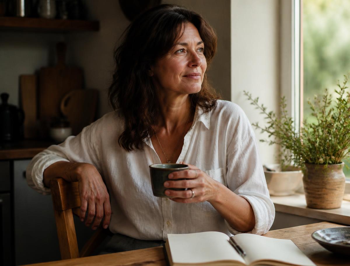 A woman in her forties sitting calmly by a kitchen window with a cup of tea