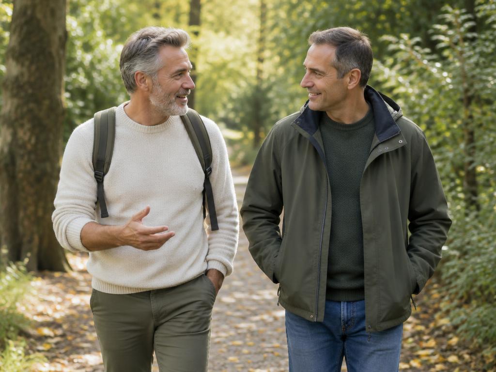 Two men walking and talking together on a leafy park path
