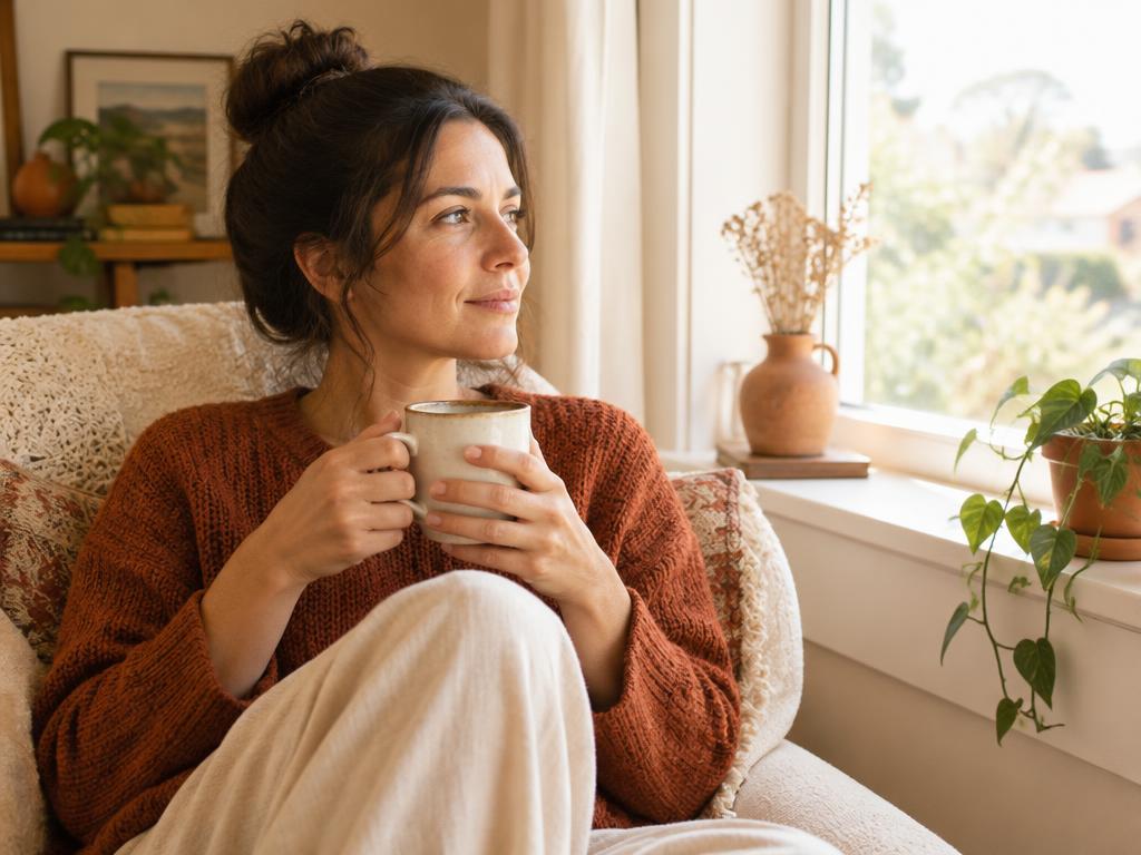 A woman relaxing by a bright window with a warm drink