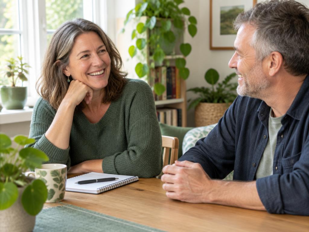Two adults sharing a relaxed conversation at a bright kitchen table