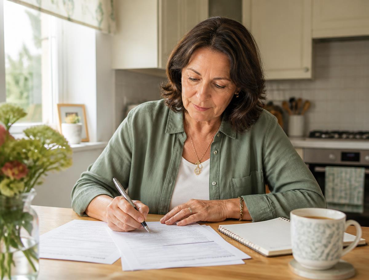 A woman in her fifties at a bright kitchen table, calmly working through printed forms with a notebook and a cup of tea