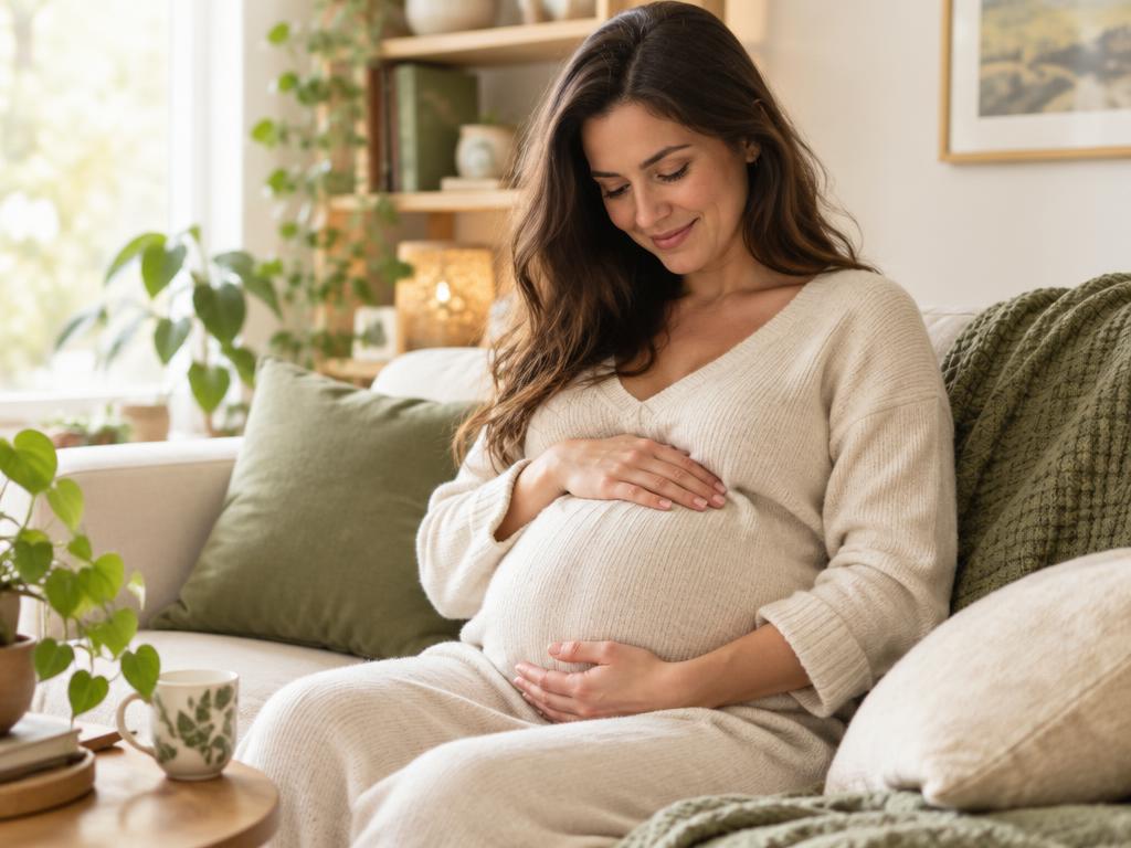 A smiling expectant mother resting her hands on her bump at home