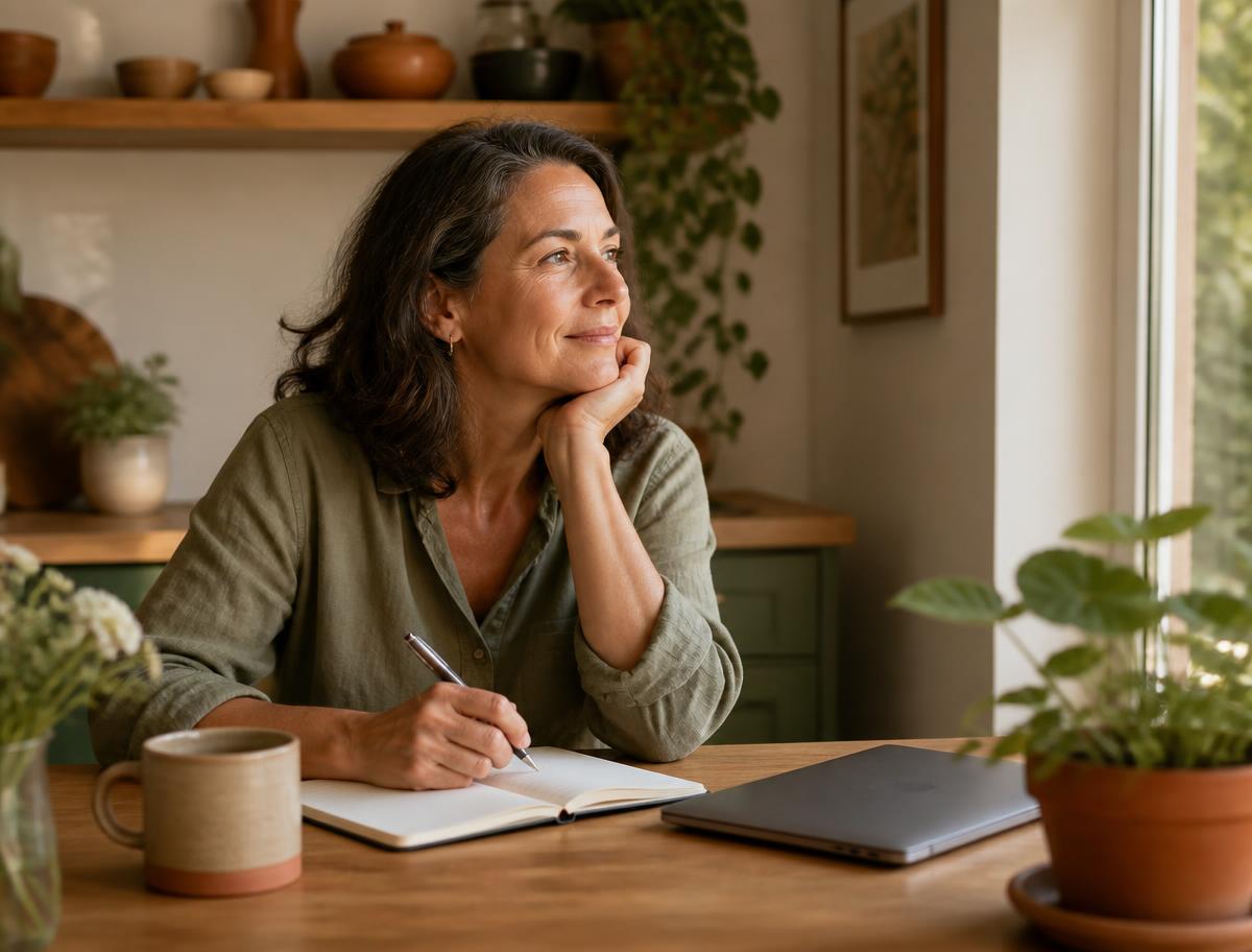 A woman in her early fifties at a kitchen table with a notebook, looking thoughtfully out of the window