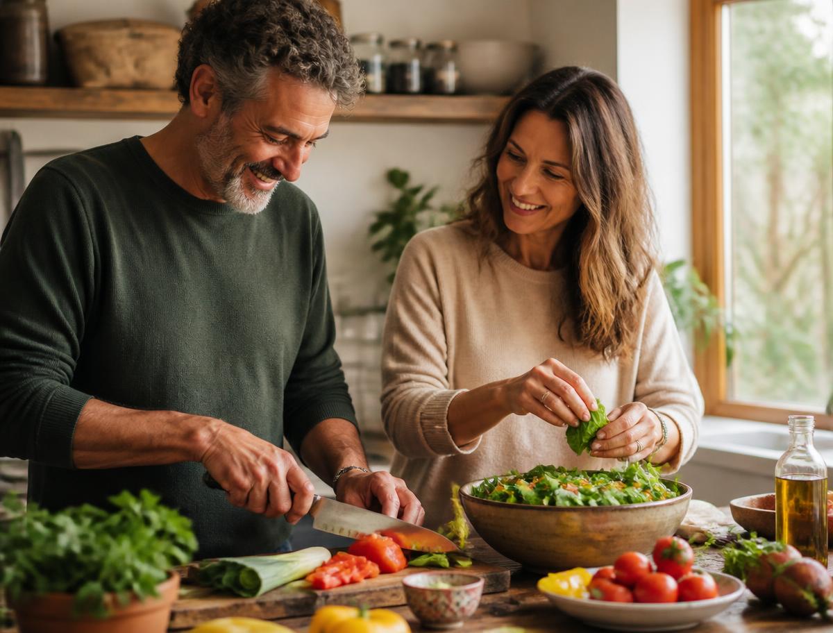 Two people in their fifties preparing a colourful meal together at home